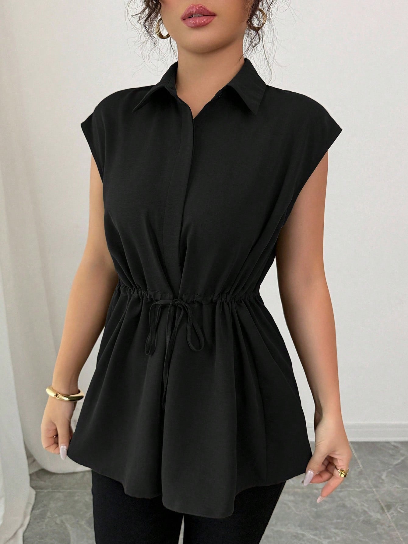 Women's Fashion Loose Waist Single-breasted Solid Color Collar Women's T-shirt