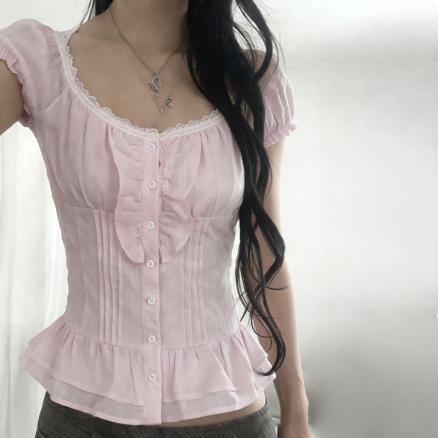 Lace Stitching Breasted Puff Sleeve Shirt Tops