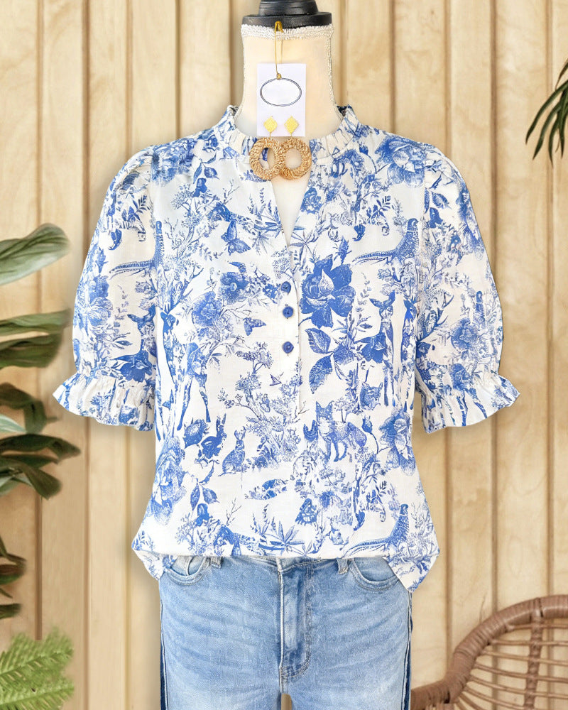 Women's French Style Temperament Wooden Ear Collar Slimming Solid Color Puff Blouse