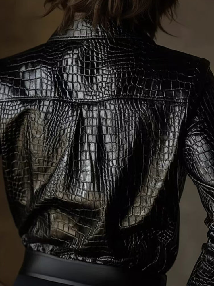 Women's Fashion Long Sleeve Shirt Crocodile Pattern Blouse