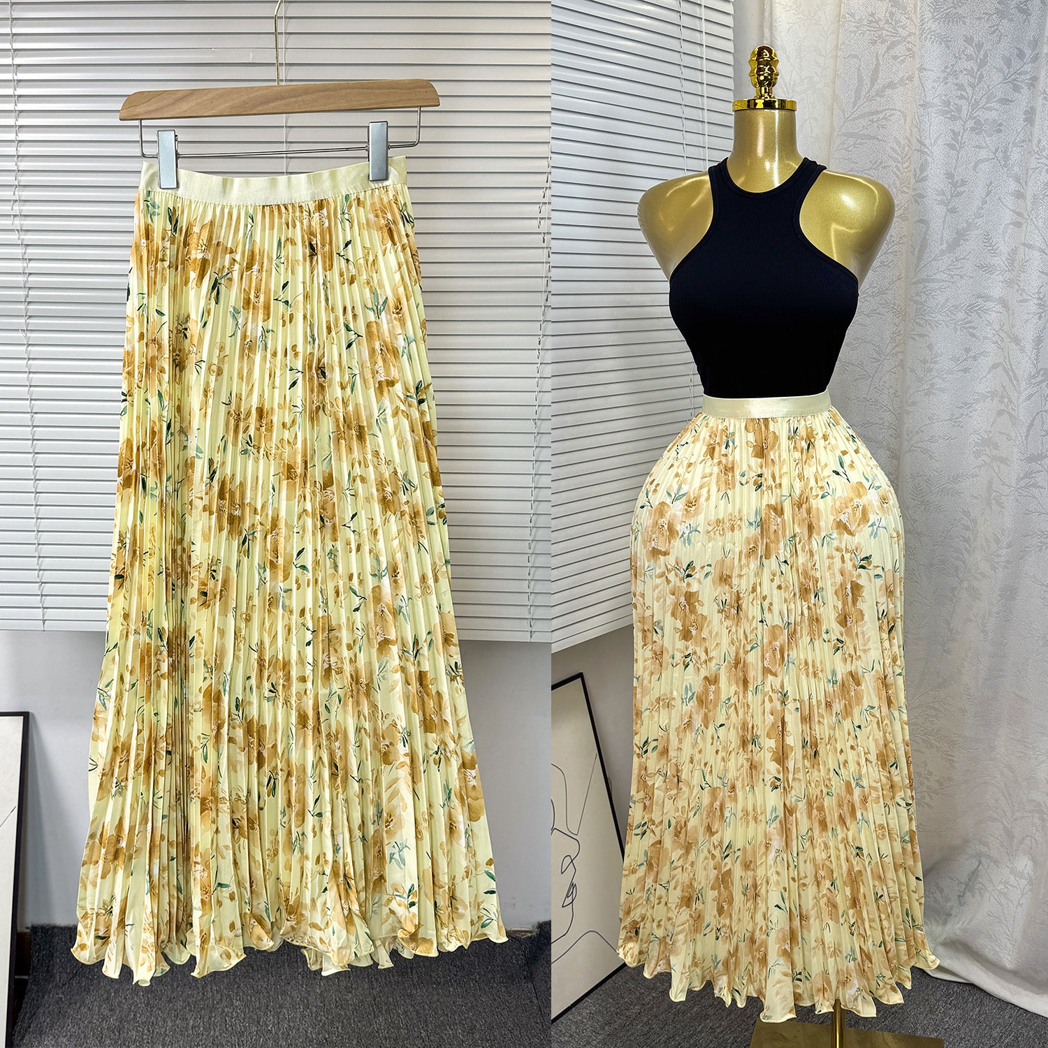 Women's Retro Printed High Waist A- Line Mid-length Pleated Large Hem Skirt
