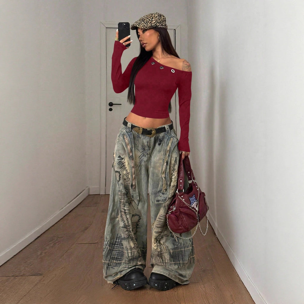 Women's Autumn Cold-shoulder Corns Solid Color Cropped Tops