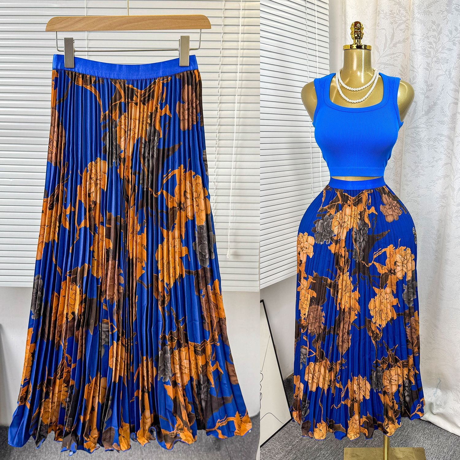 Women's Retro Printed High Waist A- Line Mid-length Pleated Large Hem Skirt