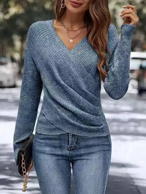 Women's Collar Long Sleeve Cross Solid Color Sweaters
