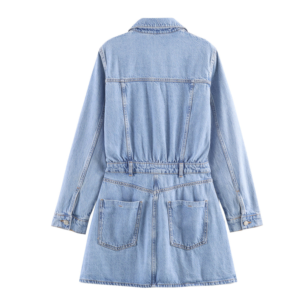 Women's Spring Rollneck Shirt Pocket Denim Shorts
