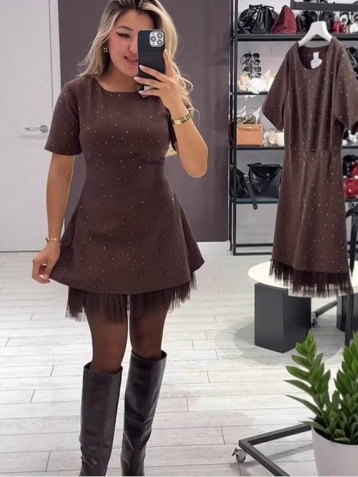 Women's Hem Mesh Pleated Solid Color Commute Dress