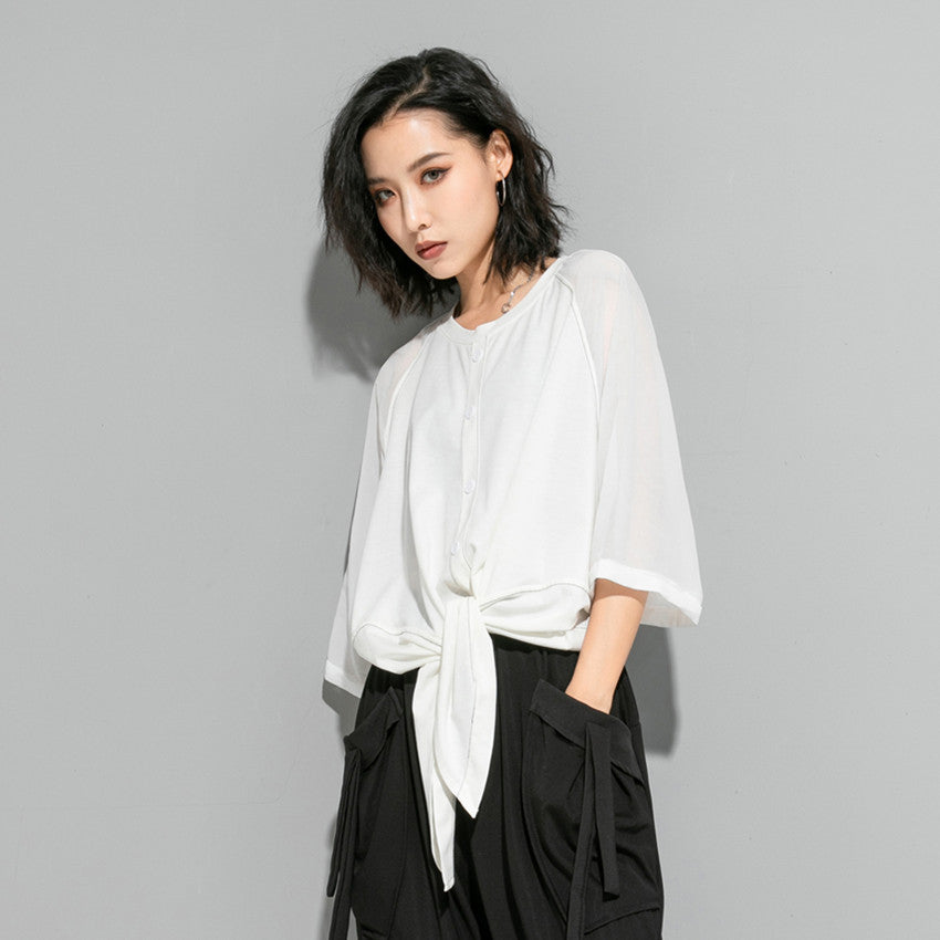 Women's Dark Cold Summer Wind Chiffon Stitching Cool Bow Loose Women's T-shirt