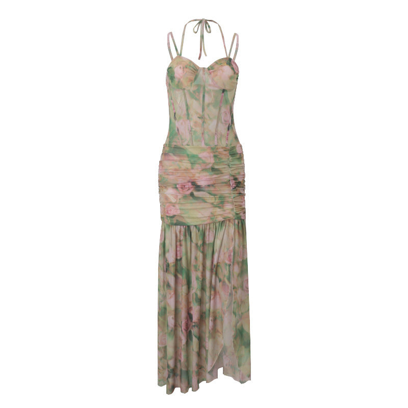 Women's Spring Sexy Floral Print Vacation Beach High Waist Slimming Dress