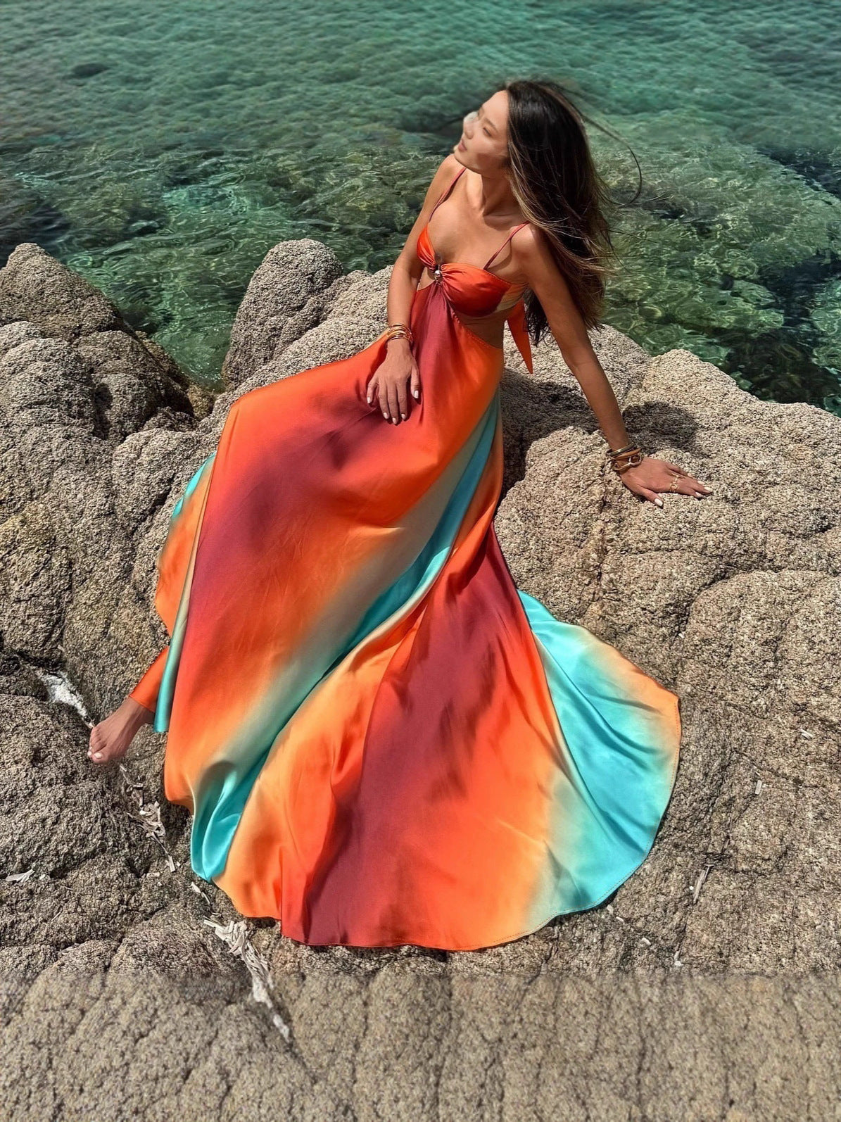 Sexy Sling Gradient Color Island Style Dress