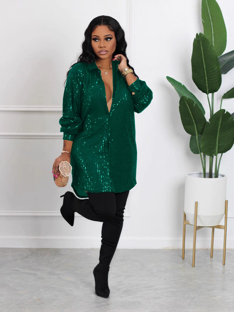 Women's Fashion Pure Color Sequins Shirt Fresh Sweet Cardigans