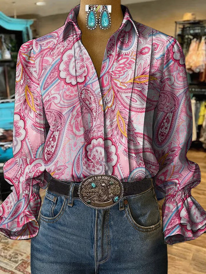Women's Digital Printing Bohemian Trendy Bell Sleeve Blouse