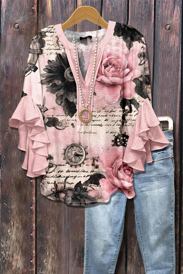 Women's Floral Element Print Casual Trend Lotus Tops