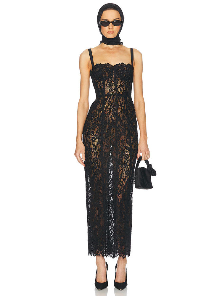 Women's Mesh Hollow Hip Spaghetti Straps Midi Dress