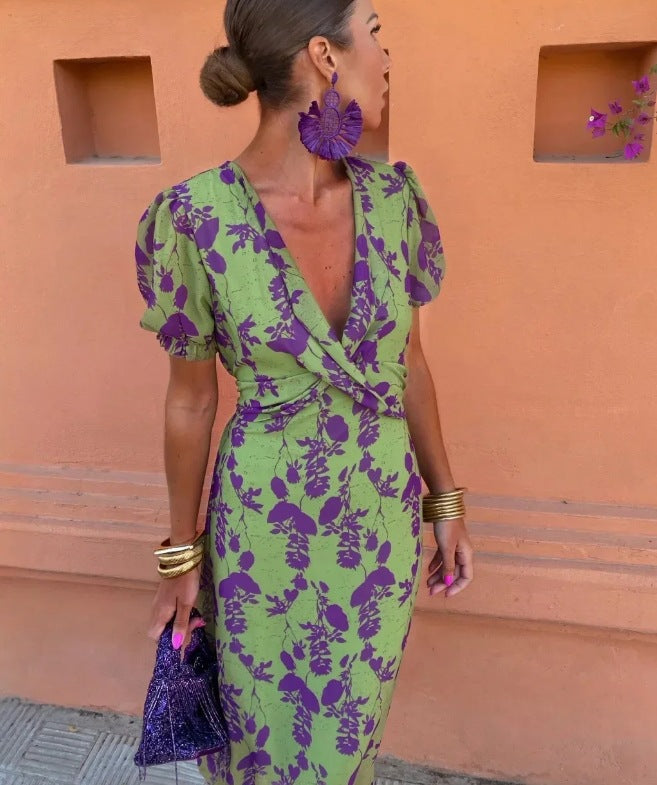 Women's Summer Fashion Pleated Print Long Elegant Slim Dress