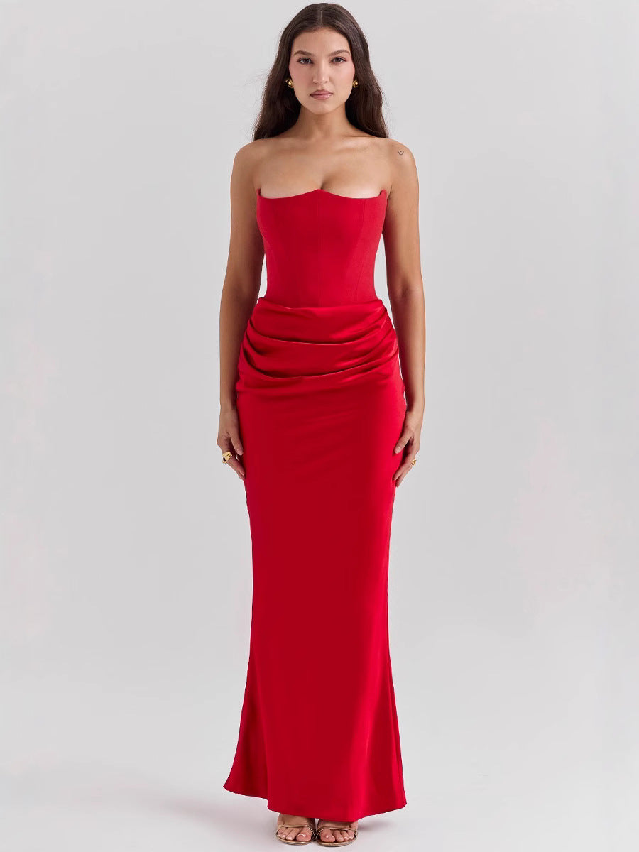 Waist Tube Fishbone Pleated Long Sheath One-piece Dress