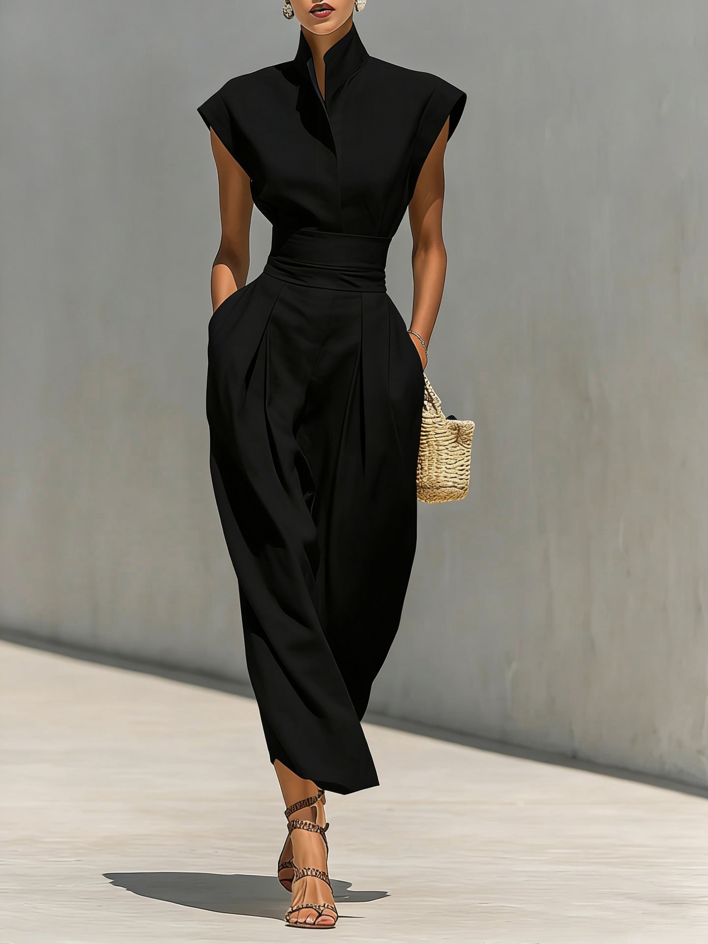 Women's Elegant High Waist Long Collar Loose Dress