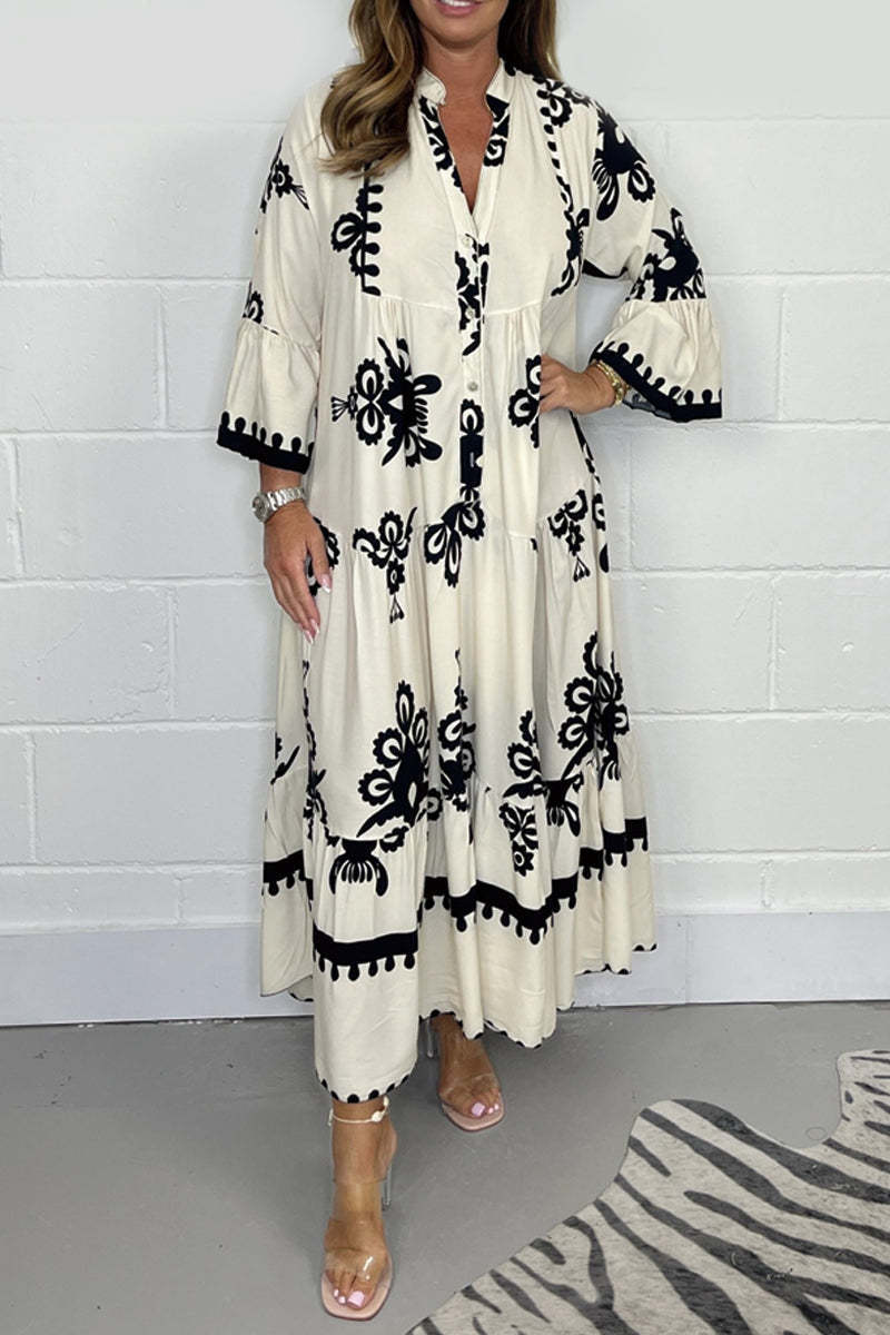 Women's Elegant Print Stand-up Collar Cinched Dress