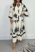 Women's Elegant Print Stand-up Collar Cinched Dress