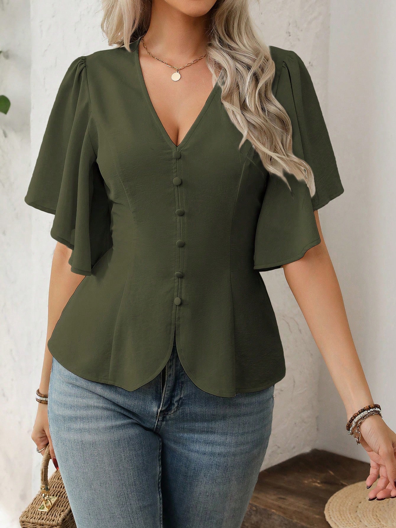 Women's Fashionable Elegant Style Deep Solid Color Single-breasted Waist Tops