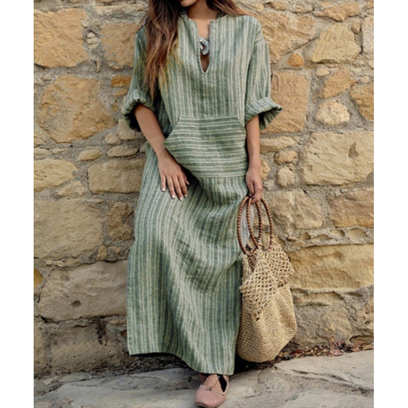 Women's Cotton Linen Yarn-dyed Striped Loose Pockets Dress