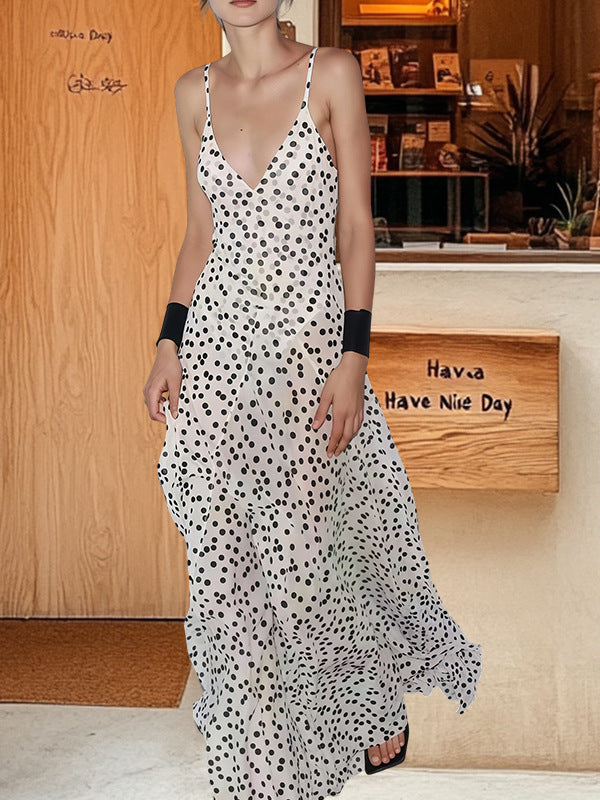 Fashion Suspenders Exposed Back Polka Dot Dress