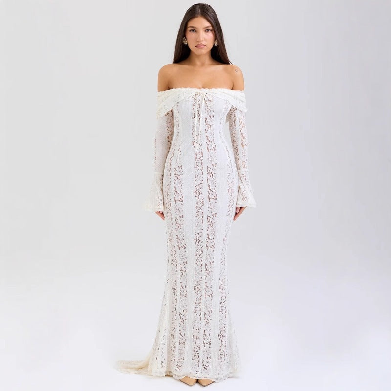 Autumn French Style Temperament Lace Long Flared Sleeve Dress