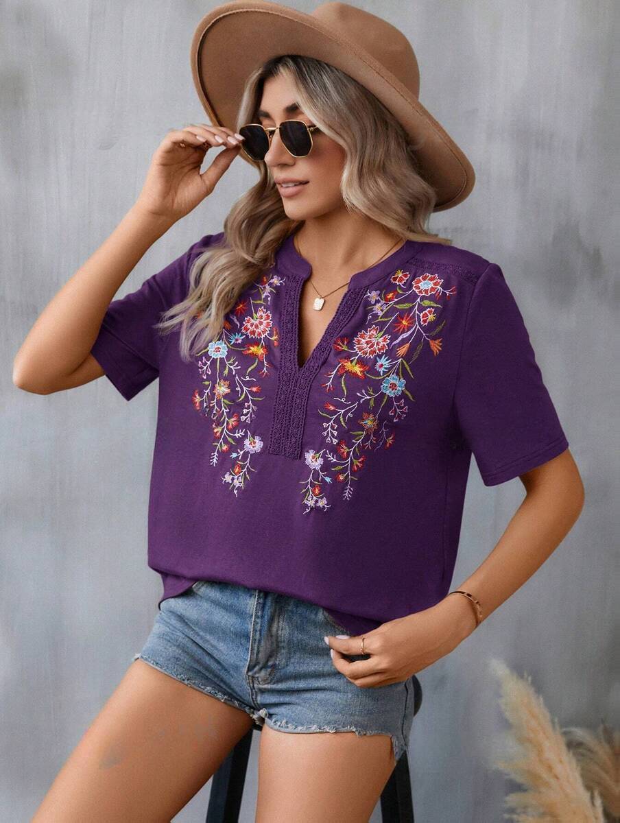 Women's Summer Fashion Ten Thousand Needles Embroidery Stitching Blouses