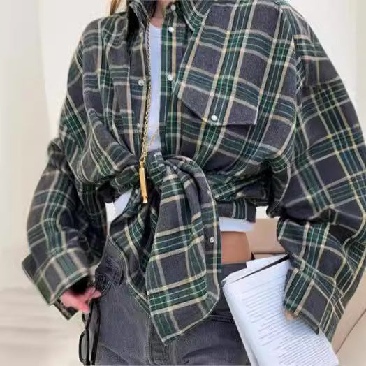 Women's Retro Style Loose Shirt Fashion Plaid Blouse