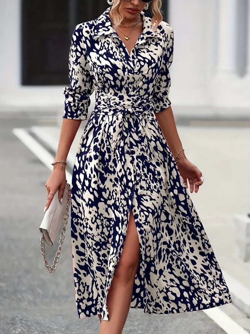 Printed Button Long Sleeve Waist A- Dress