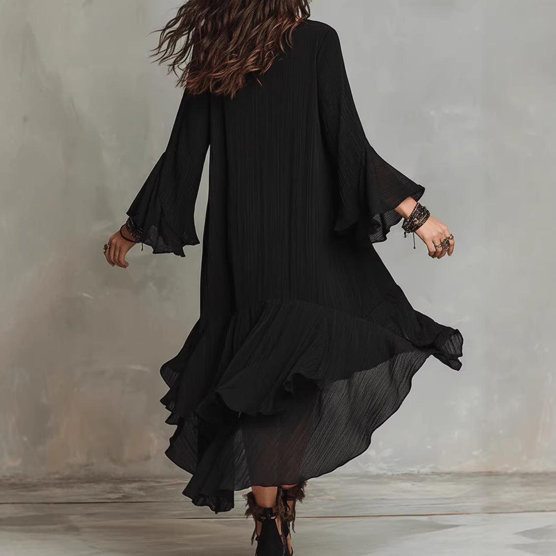 Beautiful Unique Elegant Asymmetric Ruffled Black Dress