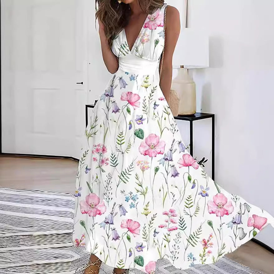 Women's Summer High Waist Sleeveless Printed Sexy Dress