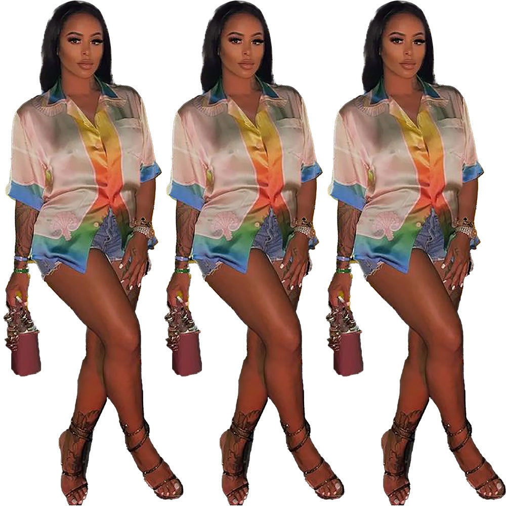 Women's Fashion Casual Trend Color Matching Satin Blouse