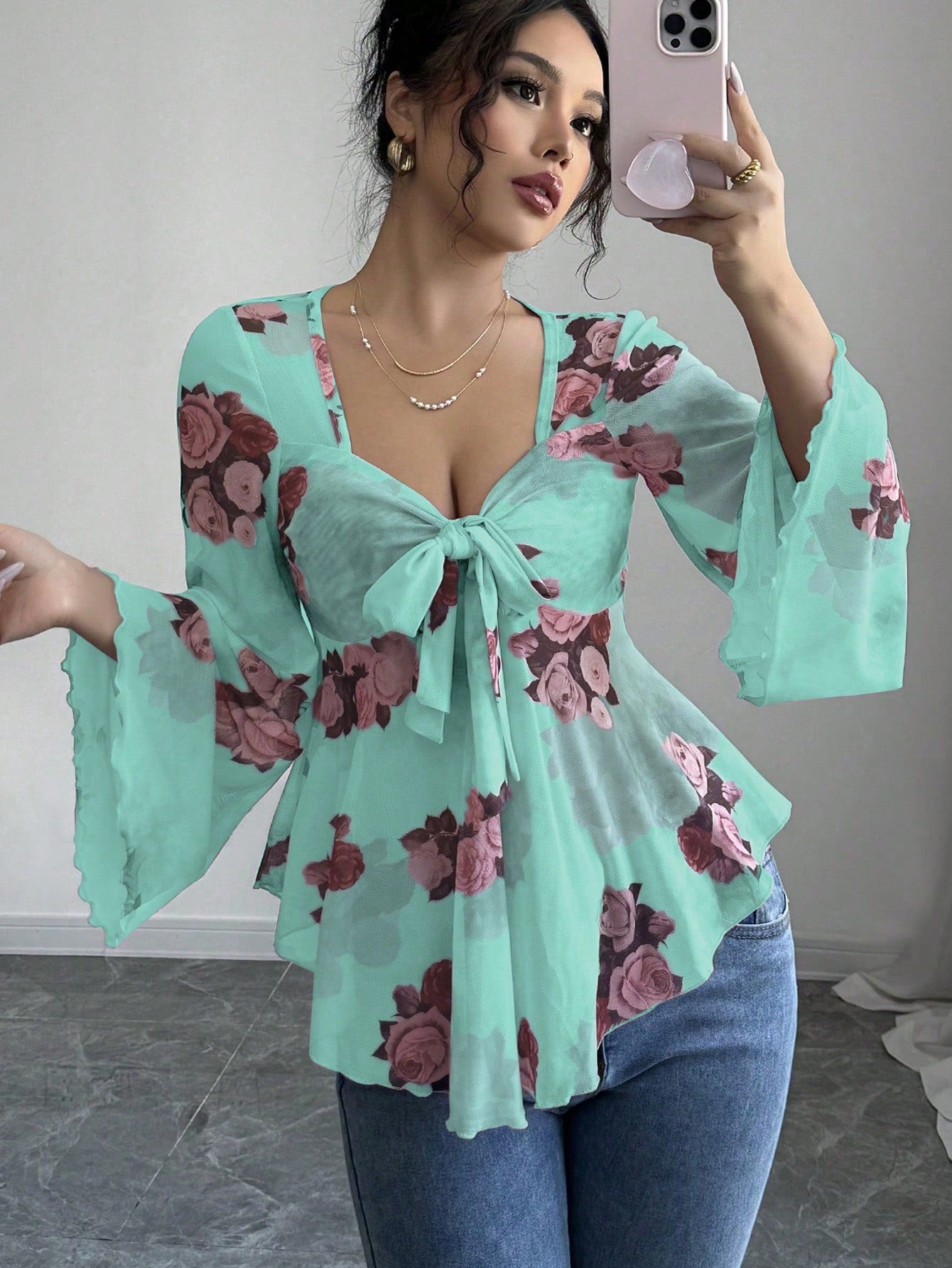 Design Sense French Sweet Flower Blooming Square Collar Long Blouse