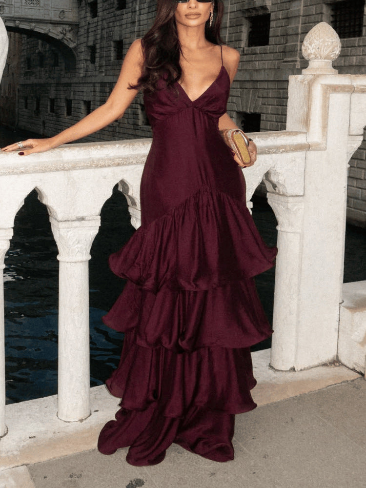 Women's French Deep V Tube Cinched Waist Sling Dress