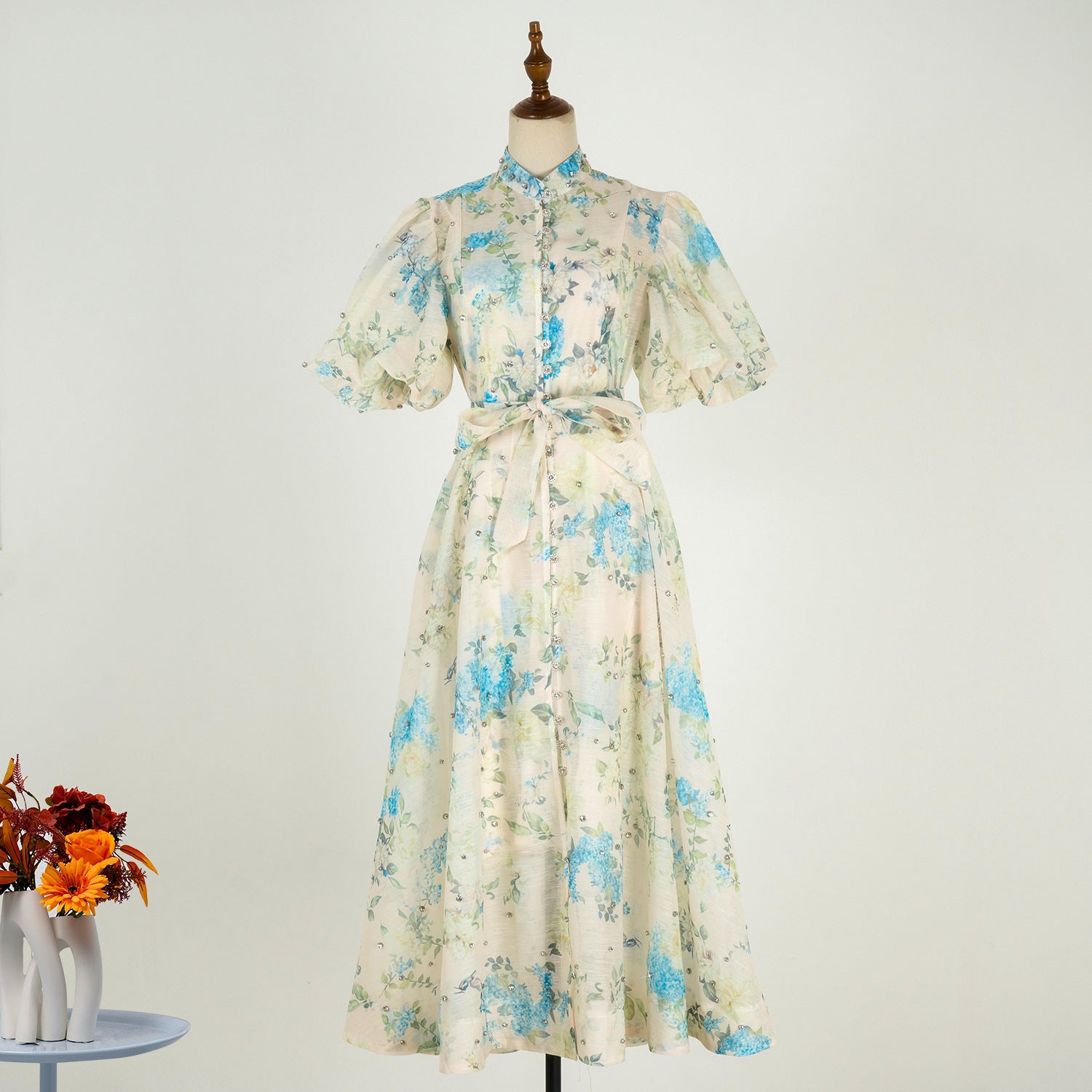 Summer Palace Style High Design Sense Rhinestone Sleeve Single-breasted Long Dress