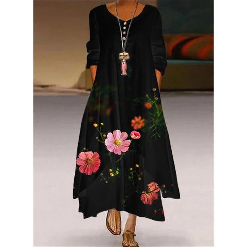 Women's Popular Printed Long-sleeved Hem Irregular Long Dress
