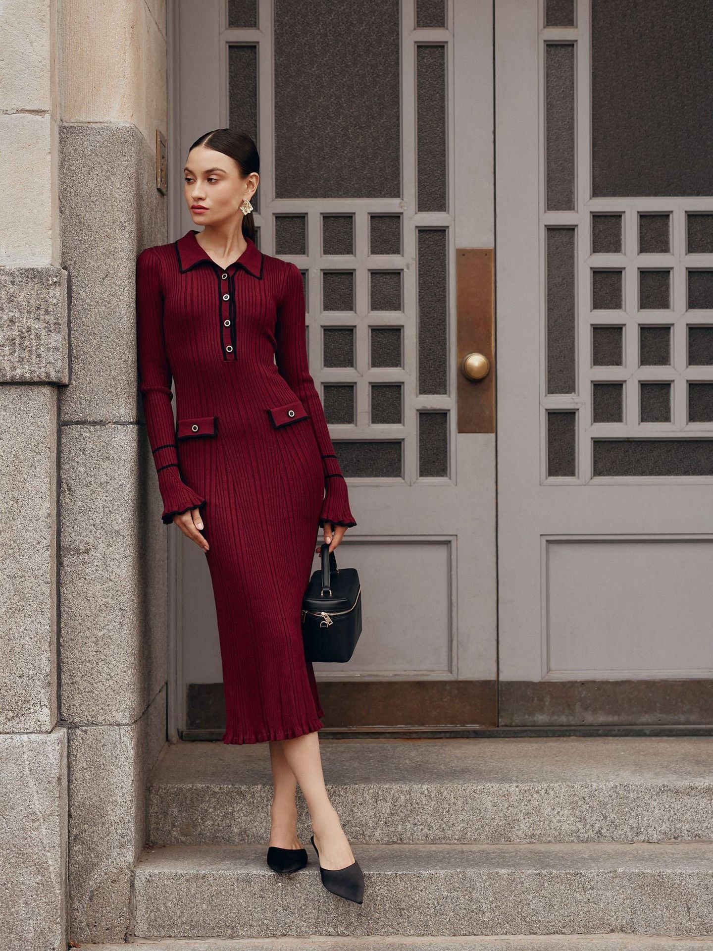 Entry Lux Ruffled Knitted Woolen Lapel Tight Dress