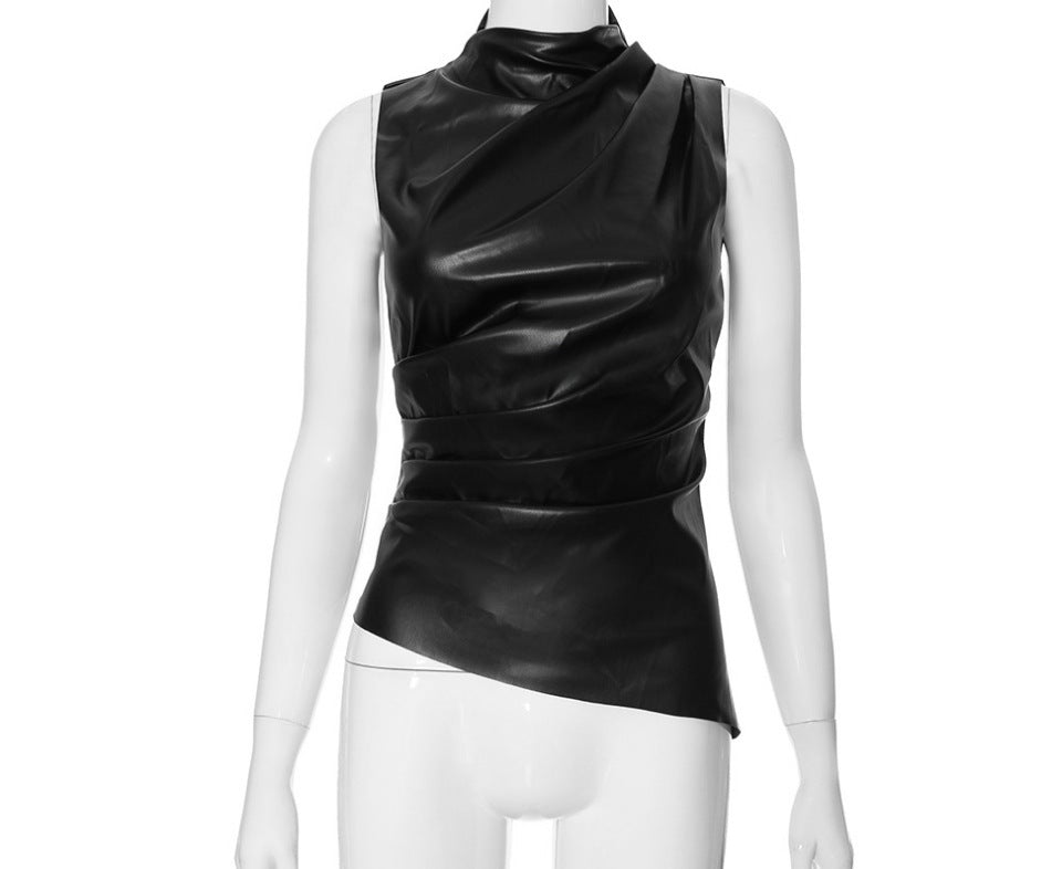 Women's Leather Cascading Collar Personalized Oblique Sleeveless Women's T-shirt