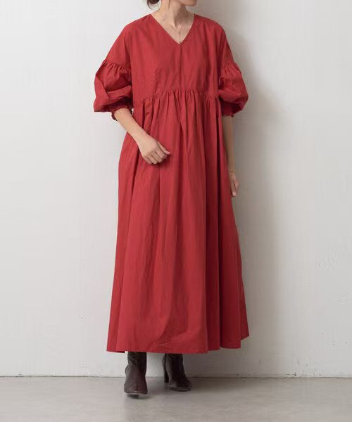 Lantern Sleeve Cuff Olive Long Solid Dress