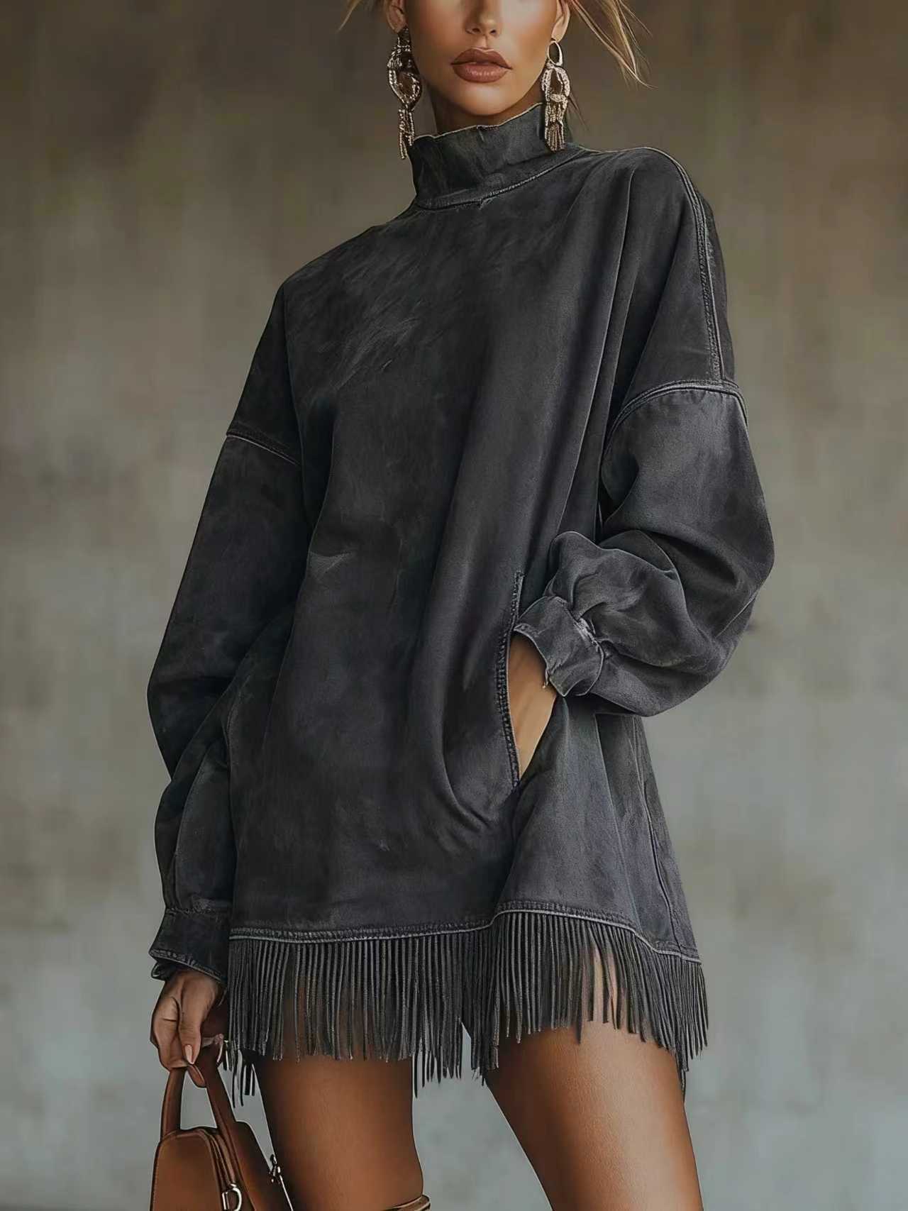 High Collar Loose Pocket Tassel Long Sleeve Dress