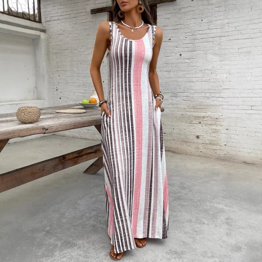 Women's Fashion Casual Sleeveless Striped Round Neck Pocket Clothing