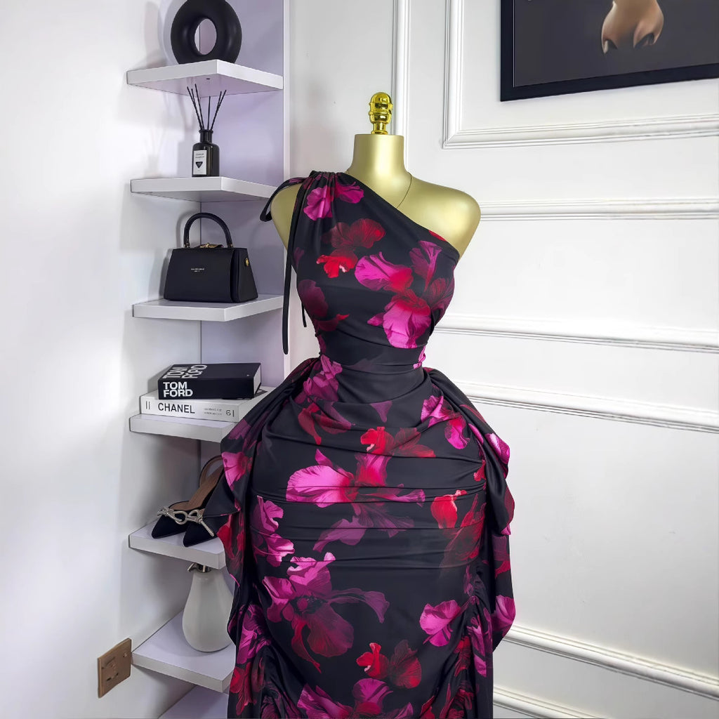 Women's Sleeveless Diagonal Collar Printed Tied Lotus Dress