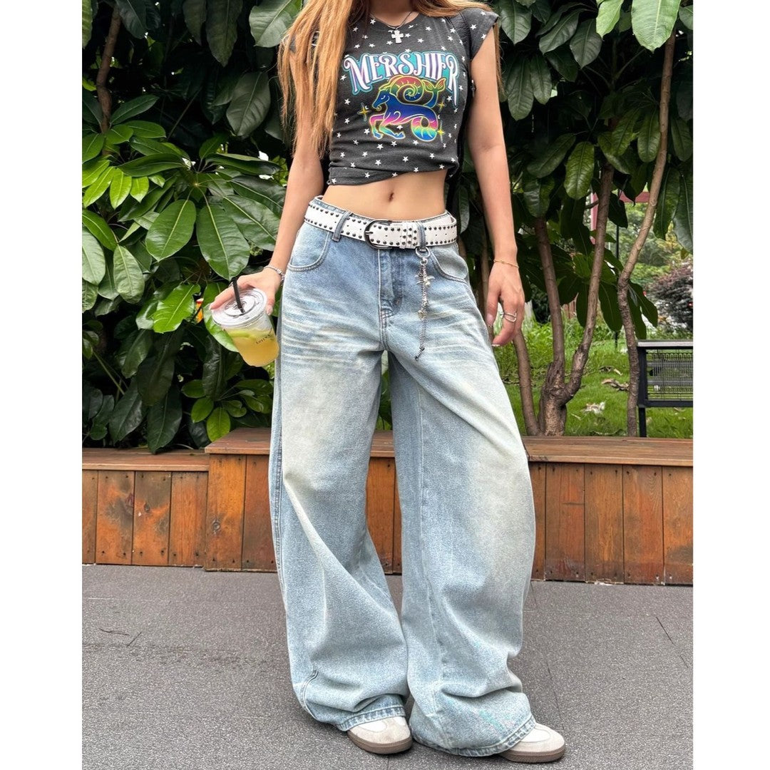 Women's Blue High Waist Wash Autumn Loose Wide Leg Women's Jeans