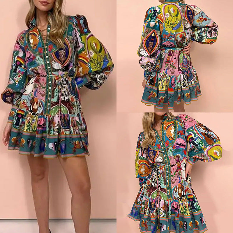 Women's Spring Elegant Retro Stand Collar Printed Lace Dress