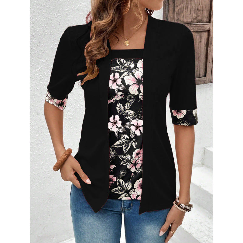 Women's Summer Fake Two-piece Sleeve Printed T-shirt Blouse