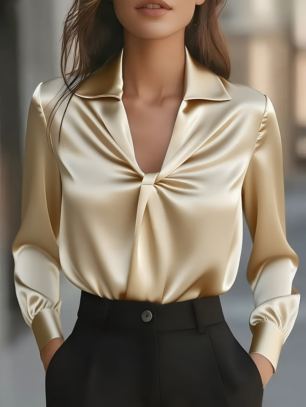 Women's Temperament Pure Color Satin Pleated Long Sleeve Blouse