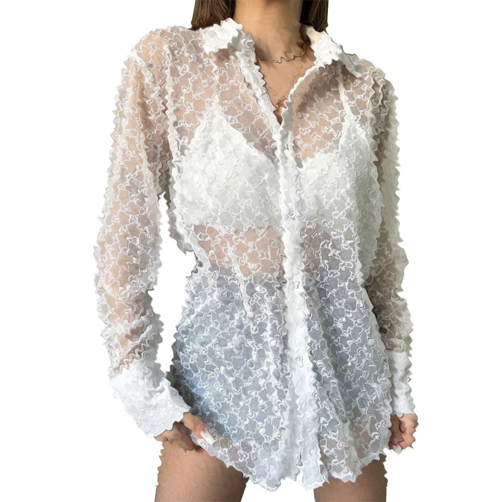 Women's Casual Fashionable Outerwear Mesh Shirt Color Blouse