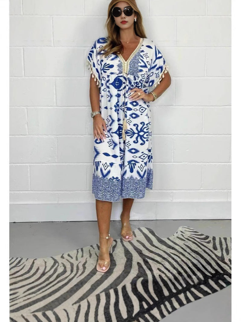Women's Summer Fashion Printed Tassel Stitching Casual Dress