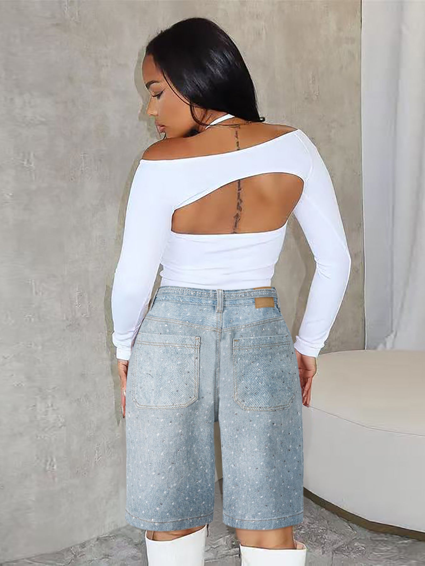 Women's Loose Denim 5-point Full Hot Rhinestone Additional Pants