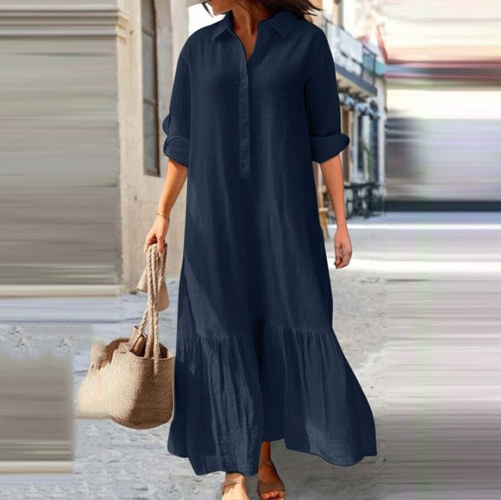Cotton Linen Long Irregular Shirt Collar Skirts